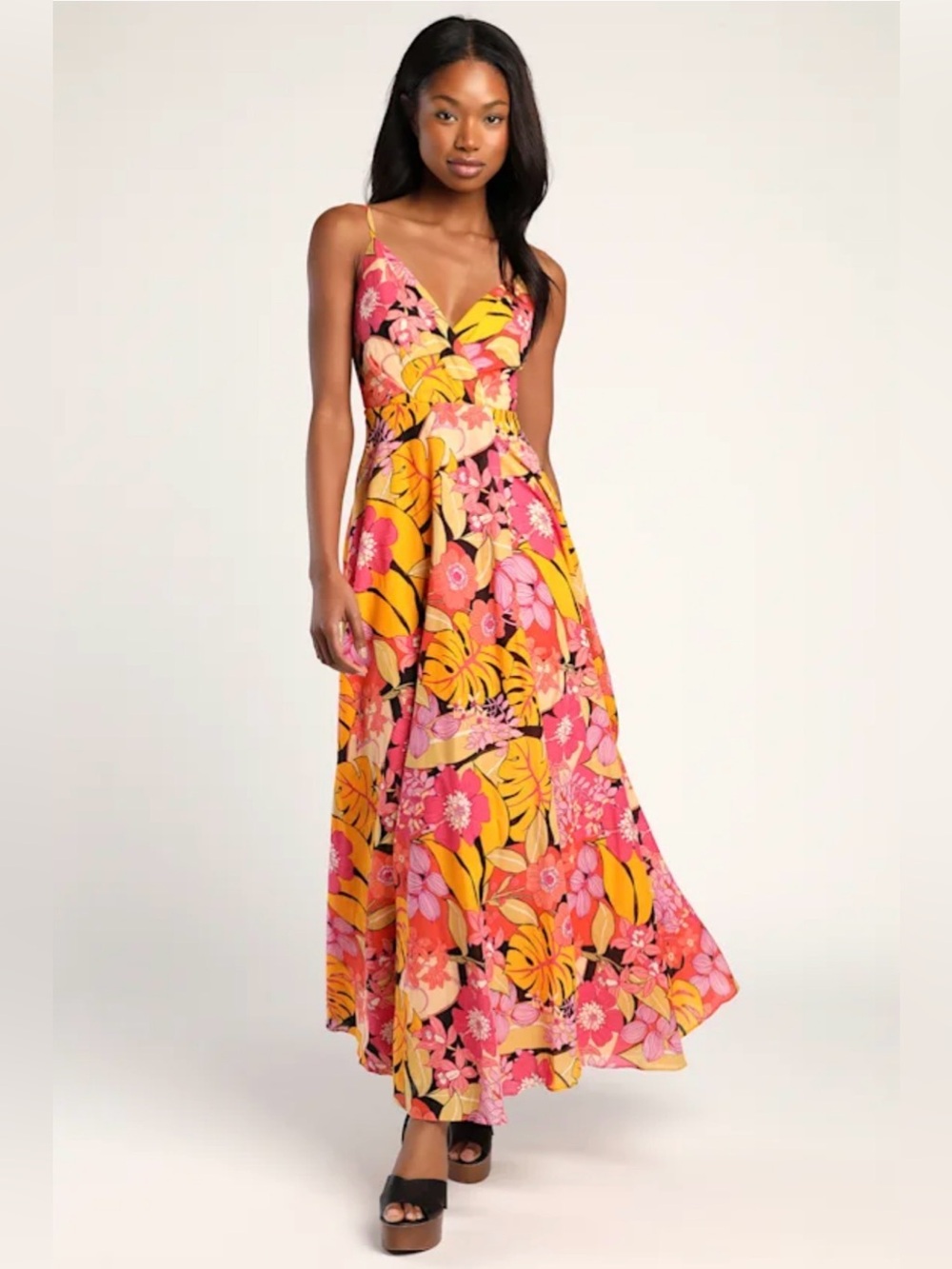 NWT Lulus Cabo Is Calling My Name Orange Floral Print Surplice Maxi Dress Medium